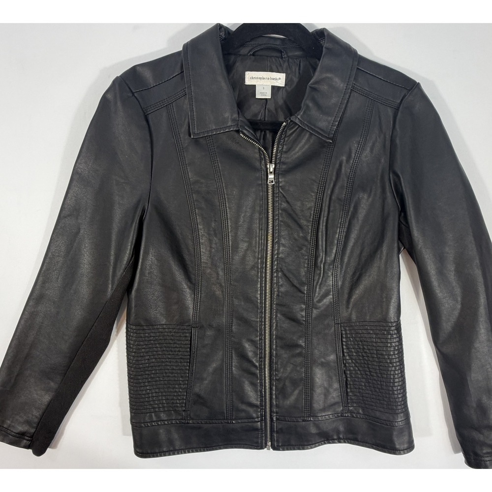 Christopher & Banks Faux Leather Jacket Women S Black Excellent Ribbed Zip Up